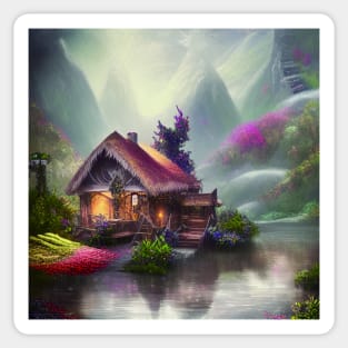 Sparkling Fantasy Cottage with Lights and Glitter Background in Forest, Scenery Nature Sticker